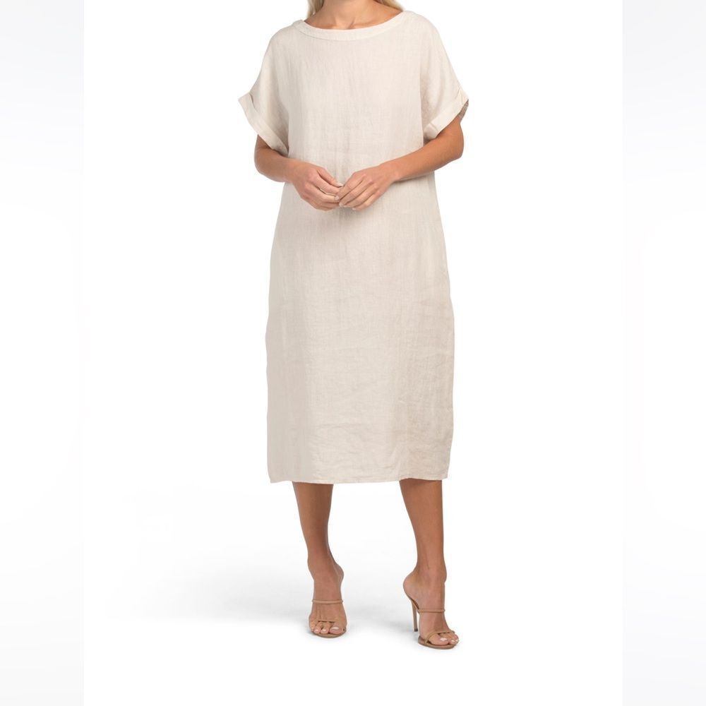 Bella Ambra Elegant Cream Linen Shift Dress - Picture 3 of 7